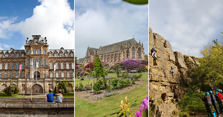 two boys sitting outside The Bowes Museum, Ushaw chapels and gardens and group of children rock climbing